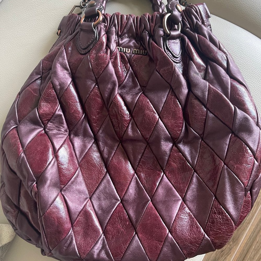 Miu Miu 'Harlequin' plum purple and burgundy diamond patchwork shoulder